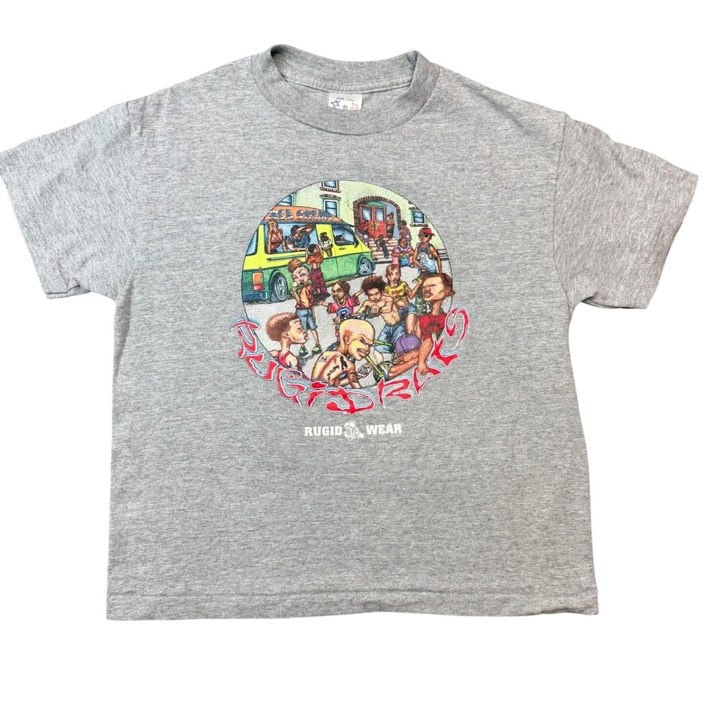 Vintage Rugid Wear Graphic T Shirt Gray Large 14-16 Kids Ice Cream Truck Cartoon